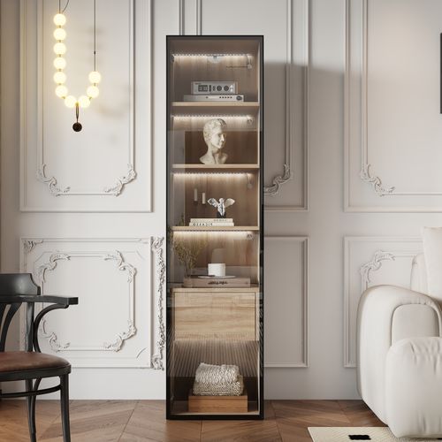 Vitrine Moderne 40×34,5×165 Cm Avec LED, 1 Tiroir, 1 Porte Verre Trempé, En Mdf, Naturel