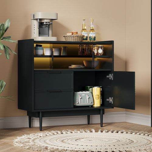 Buffet Bas, Armoire De Rangement 80×35×80cm Avec 2 Tiroirs, LED, Portes, Rangements, En Mdf, Noir
