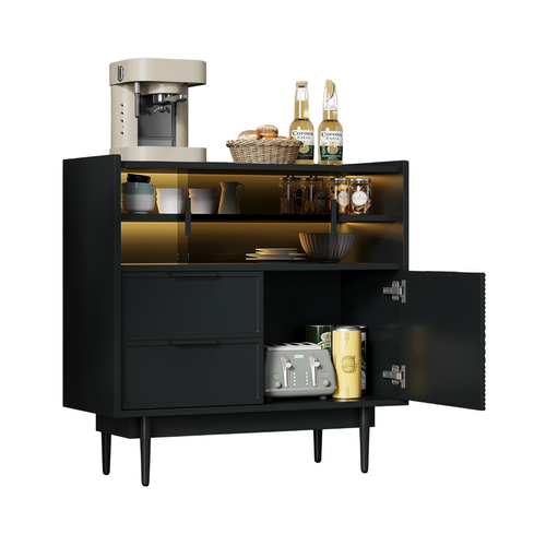 Buffet Bas, Armoire De Rangement 80×35×80cm Avec 2 Tiroirs, LED, Portes, Rangements, En Mdf, Noir
