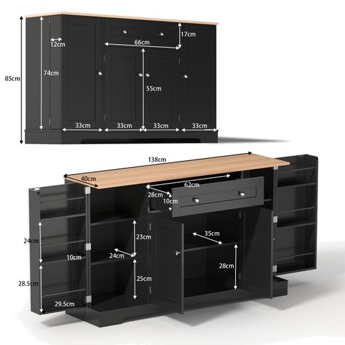 Buffet De Cuisine 138x40x85 Cm Avec 1 Tiroir, 4 Portes, Étagères Réglables, En Mdf, Noir Et Chêne
