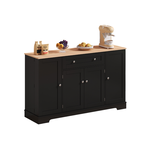 Buffet De Cuisine 138x40x85 Cm Avec 1 Tiroir, 4 Portes, Étagères Réglables, En Mdf, Noir Et Chêne