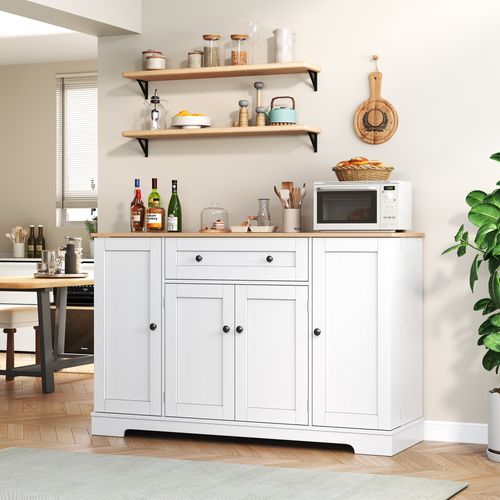 Buffet De Cuisine 138x40x85 Cm Avec 1 Tiroir, 4 Portes, Étagères Réglables, Mdf, Blanc Et Naturel