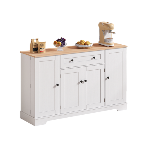 Buffet De Cuisine 138x40x85 Cm Avec 1 Tiroir, 4 Portes, Étagères Réglables, Mdf, Blanc Et Naturel