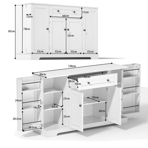 Buffet De Cuisine 138x40x85 Cm Avec 1 Tiroir, 4 Portes, Étagères Réglables, En Mdf, Blanc