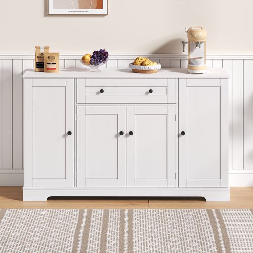 Buffet De Cuisine 138x40x85 Cm Avec 1 Tiroir, 4 Portes, Étagères Réglables, En Mdf, Blanc