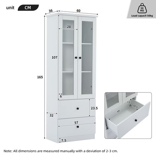 Vitrine Haut 60x36x165 Cm Avec 2 Tiroirs, 2 Portes Battantes, Prise USB, LED, En Mdf, Blanc