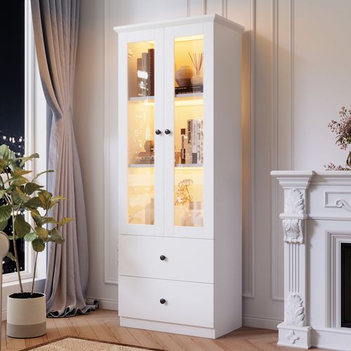 Vitrine Haut 60x36x165 Cm Avec 2 Tiroirs, 2 Portes Battantes, Prise USB, LED, En Mdf, Blanc