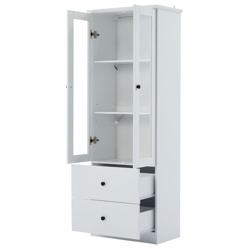 Vitrine Haut 60x36x165 Cm Avec 2 Tiroirs, 2 Portes Battantes, Prise USB, LED, En Mdf, Blanc