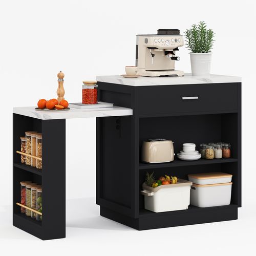 Chariot De Cuisine 211x55x89,5 Cm Avec 2 Tiroirs, 2 Portes, Étagères Ouvertes, En Mdf, Noir