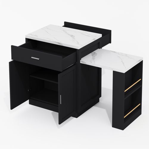 Chariot De Cuisine 211x55x89,5 Cm Avec 2 Tiroirs, 2 Portes, Étagères Ouvertes, En Mdf, Noir