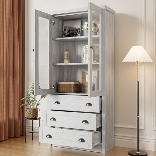 Buffet Haut 80x34x171 Cm Avec 3 Tiroirs, 2 Portes En Verre, Poignées En Cuivre, Mdf, Blanc