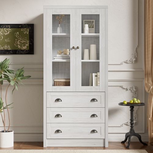 Buffet Haut 80x34x171 Cm Avec 3 Tiroirs, 2 Portes En Verre, Poignées En Cuivre, Mdf, Blanc
