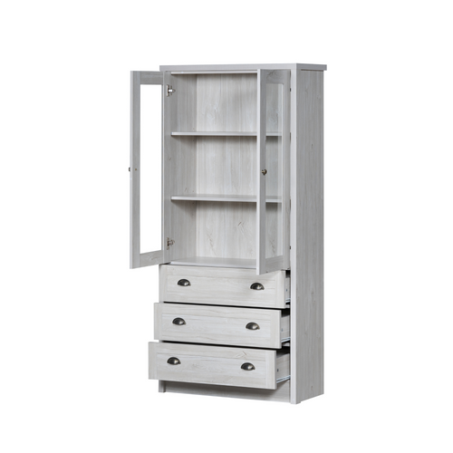 Buffet Haut 80x34x171 Cm Avec 3 Tiroirs, 2 Portes En Verre, Poignées En Cuivre, Mdf, Blanc