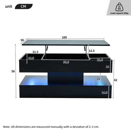 Table basse LED 100×50×42 cm avec plateau relevable et rangement caché, panneaux particules noir