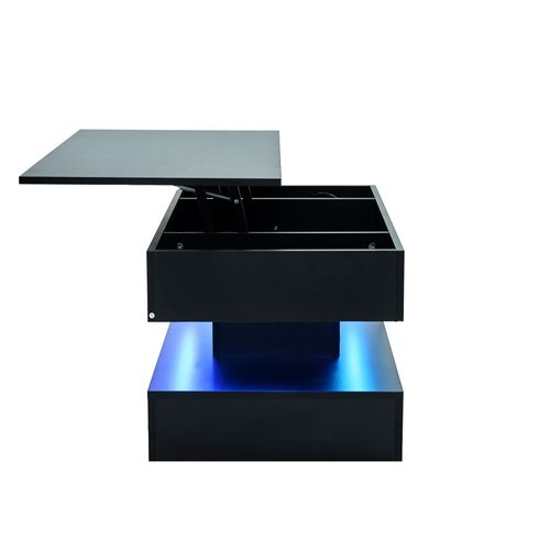 Table basse LED 100×50×42 cm avec plateau relevable et rangement caché, panneaux particules noir