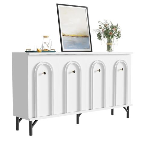 Buffet 140x34x78 Cm Avec 4 Portes, Façade 3d Arquée, Étagères Réglables, Blanc