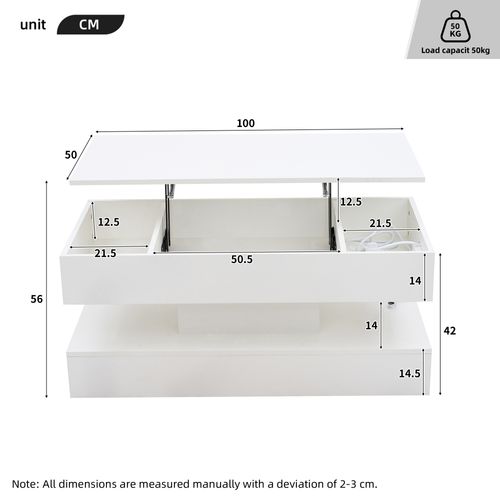 Table Basse LED 100x50x42/56cm, Plateau Réglable En Hauteur, Espace De Rangement Dissimulé, Blanc