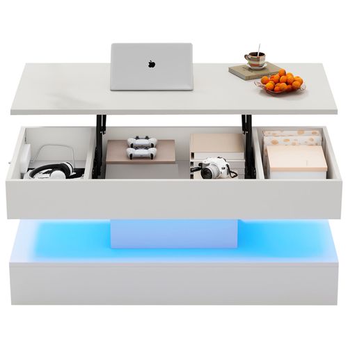Table Basse LED 100x50x42/56cm, Plateau Réglable En Hauteur, Espace De Rangement Dissimulé, Blanc