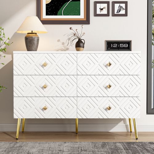 Commode 120x40x80 Cm Avec 6 Tiroirs, 5 Pieds Dorés De Support, Rangement, En Mdf, Blanc