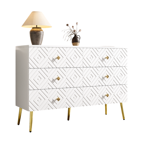 Commode 120x40x80 Cm Avec 6 Tiroirs, 5 Pieds Dorés De Support, Rangement, En Mdf, Blanc