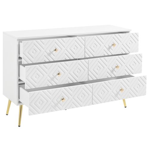 Commode 120x40x80 Cm Avec 6 Tiroirs, 5 Pieds Dorés De Support, Rangement, En Mdf, Blanc