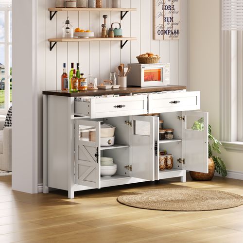Buffet 140x39x90 Cm Avec 4 Portes, 2 Tiroirs, Étagères Réglables, En Mdf, Blanc Et Marron