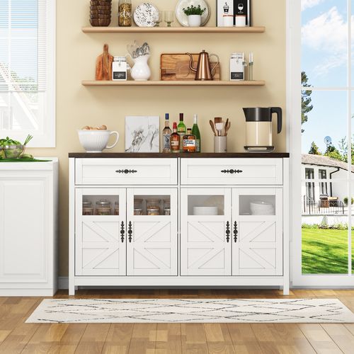 Buffet 140x39x90 Cm Avec 4 Portes, 2 Tiroirs, Étagères Réglables, En Mdf, Blanc Et Marron