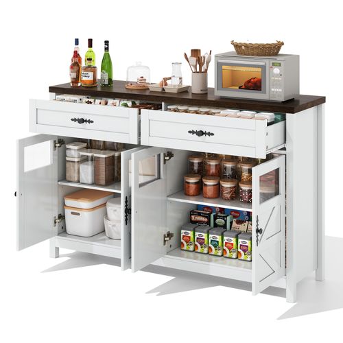 Buffet 140x39x90 Cm Avec 4 Portes, 2 Tiroirs, Étagères Réglables, En Mdf, Blanc Et Marron