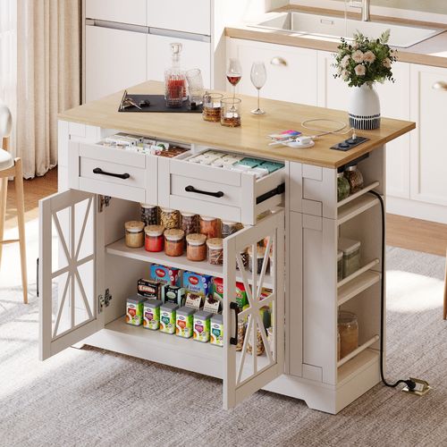 Îlot De Cuisine 120x65x92 Cm Avec 2 Tiroirs, 2 Portes Vitrées, Roulettes, USB, Mdf, Blanc