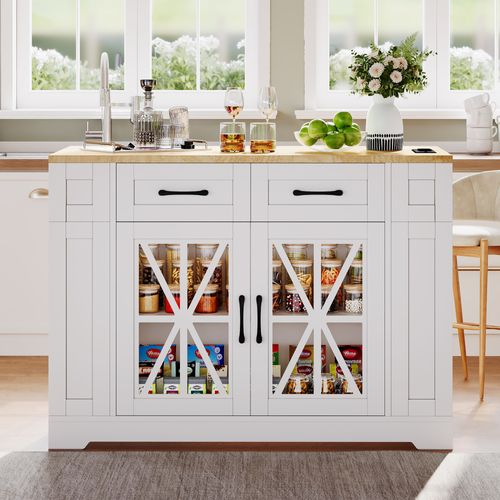 Îlot De Cuisine 120x65x92 Cm Avec 2 Tiroirs, 2 Portes Vitrées, Roulettes, USB, Mdf, Blanc