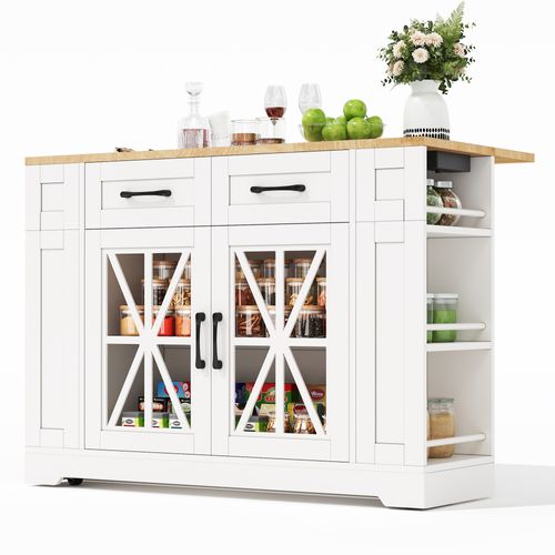 Îlot De Cuisine 120x65x92 Cm Avec 2 Tiroirs, 2 Portes Vitrées, Roulettes, USB, Mdf, Blanc