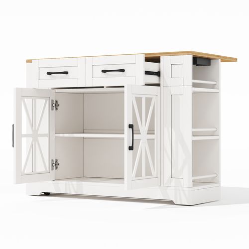 Îlot De Cuisine 120x65x92 Cm Avec 2 Tiroirs, 2 Portes Vitrées, Roulettes, USB, Mdf, Blanc