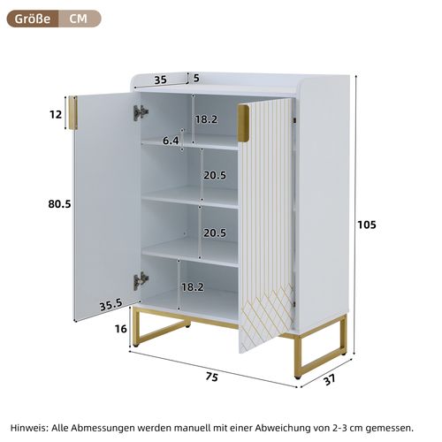 Buffet 75x37x105 Cm Avec 2 Portes, Espace De Rangement, En Mdf, Couleur Blanche