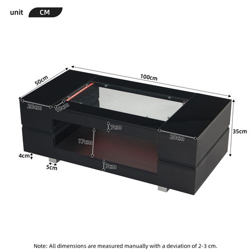 Table Basse Noir LED 100x50x35cm Design Creux, Plateau Laqué, Panneaux De Particules et Verre Trempé