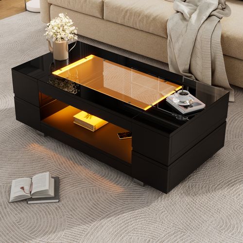 Table Basse Noir LED 100x50x35cm Design Creux, Plateau Laqué, Panneaux De Particules et Verre Trempé
