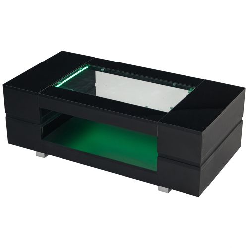 Table Basse Noir LED 100x50x35cm Design Creux, Plateau Laqué, Panneaux De Particules et Verre Trempé