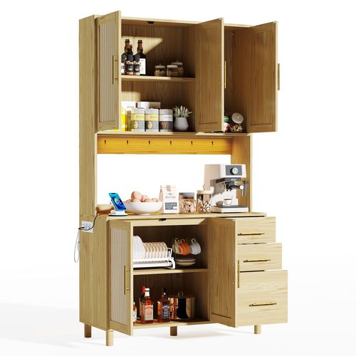 Buffet De Cuisine 100x40x183 Cm Avec 3 Tiroirs, 5 Portes, LED, USB, Étagères Réglables, Mdf, Chêne