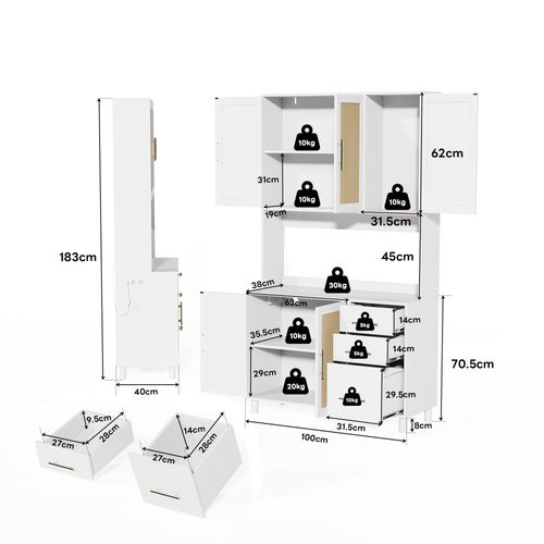 Buffet De Cuisine 100x40x183 Cm Avec 3 Tiroirs, 5 Portes, LED, USB, Étagères Réglables, Mdf, Blanc