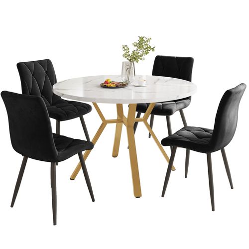 Ensemble De Salle à Manger: Table Ronde Mdf + 4 Chaises Velours Noires(pieds Métal Noir)