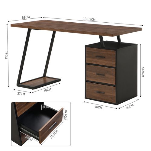 Bureau De Travail 138,5x58x75 Cm Avec 3 Tiroirs, Espace De Rangement, Mdf, Brun Foncé