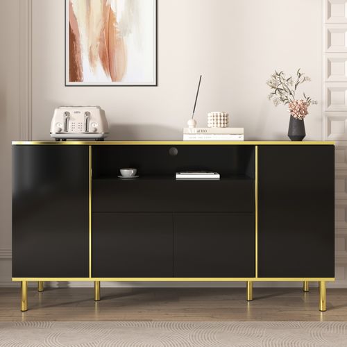 Buffet 150x40x80 Cm Avec 1 Tiroir, 4 Portes, Compartiment Ouvert, Pieds De Support, En Mdf, Noir