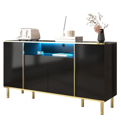 Buffet 150x40x80 Cm Avec 1 Tiroir, 4 Portes, Compartiment Ouvert, Pieds De Support, En Mdf, Noir