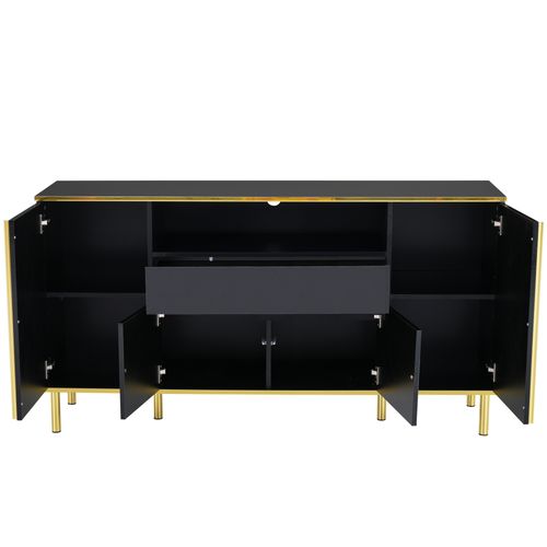 Buffet 150x40x80 Cm Avec 1 Tiroir, 4 Portes, Compartiment Ouvert, Pieds De Support, En Mdf, Noir
