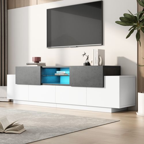 Meuble TV à Finition Brillant Avec 2 Tiroirs, LED, 4 Portes, Rangements Ouverts , En Mdf, Blanc