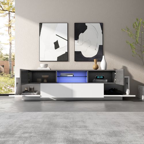 Meuble TV à Finition Brillant Avec 2 Tiroirs, LED, 4 Portes, Rangements Ouverts , En Mdf, Blanc