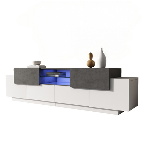 Meuble TV à Finition Brillant Avec 2 Tiroirs, LED, 4 Portes, Rangements Ouverts , En Mdf, Blanc