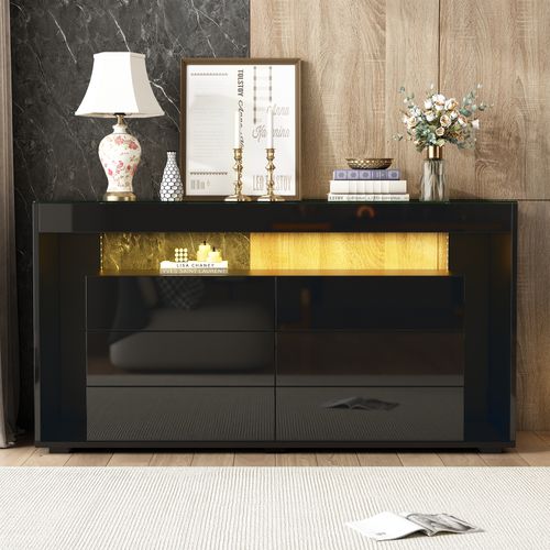 Buffet 140x40x72 Cm Avec 6 Tiroirs, LED, Espace De Rangement, Compartiment Ouvert, En Mdf, Noir