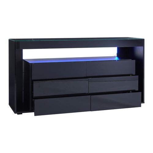 Buffet 140x40x72 Cm Avec 6 Tiroirs, LED, Espace De Rangement, Compartiment Ouvert, En Mdf, Noir