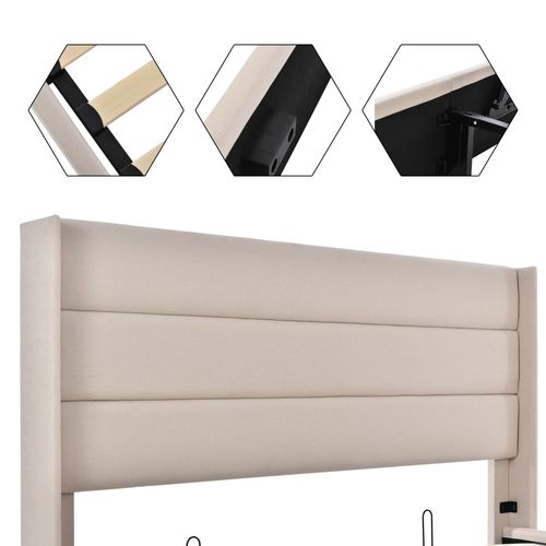 Lit Coffre Adulte 180x200 Cm Avec Rangement, Lit Double Avec Tête De Lit, Lin, Beige