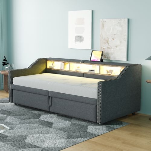 Lit Gigogne 90x200cm Convertible 180x200cm, Rangements + USB, Revêtement Lin, Gris Foncé